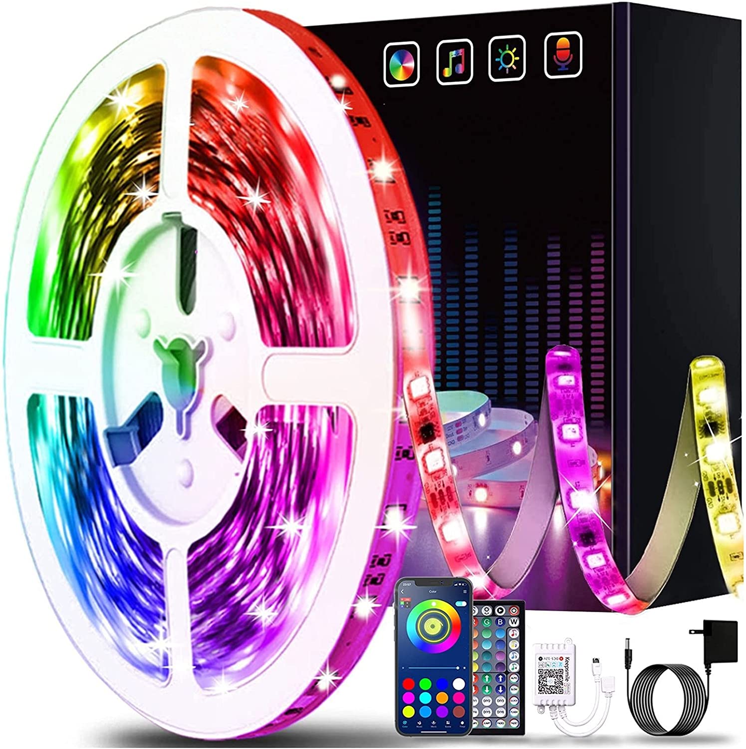 Govee 32.8ft Color Changing LED Strip Lights, Bluetooth LED Lights with App  Control, Remote, Control Box, 64 Scenes and Music Sync Lights for Bedroom