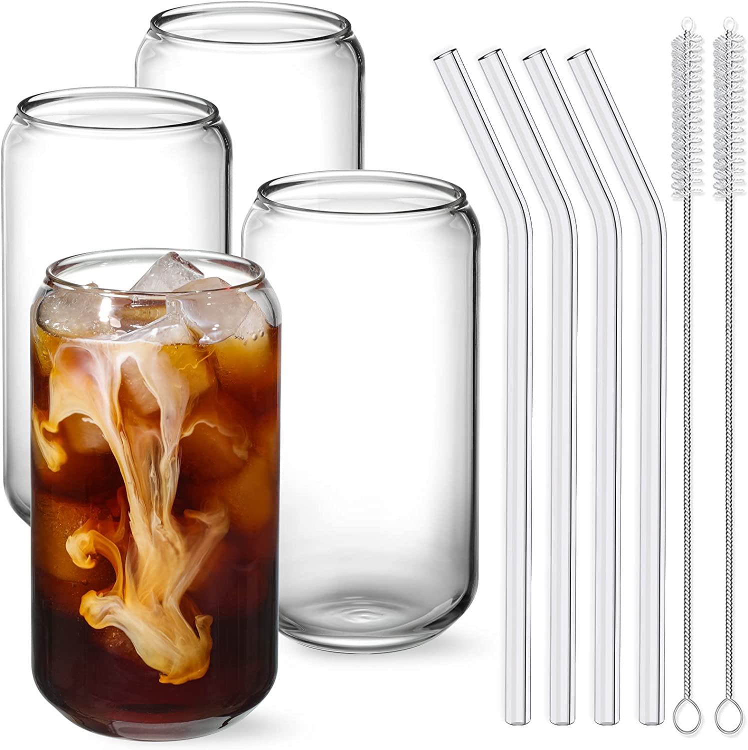 Drinking Glass with Bamboo Lids and Glass Straws 4 Packs,16 oz Can Shaped  Glass Cups,Glass Beer Can Cups with Lids for Iced  Coffee,Soda,Whiskey,Bubble Tea,Water,Juicing,Smoothies,Milk 