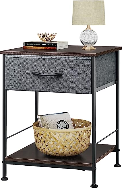 Nightstand, End Table with Fabric Storage Drawer and Open Wood Shelf, Bedside Furniture with Steel Frame, Side Table for Bedroom, Dorm, Easy Assembly, Light Grey