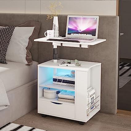 Nightstand with Charging Station and LED Lights, Modern Bedside Table, White Night Stand, End Side Table with Laptop Tray, Storage Shelf, Drawer, Smart Workstation for Bedroom
