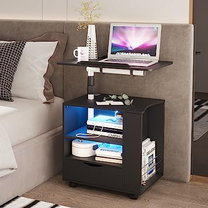 Nightstand with Charging Station and LED Lights, Modern Bedside Table, White Night Stand, End Side Table with Laptop Tray, Storage Shelf, Drawer, Smart Workstation for Bedroom
