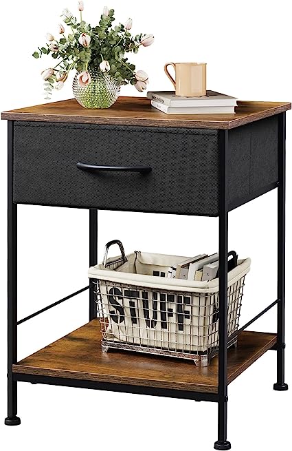 WLIVE Nightstand, End Table with Fabric Storage Drawer and Open Wood Shelf, Bedside Furniture with Steel Frame, Side Table for Bedroom, Dorm, Easy Assembly, Light Grey