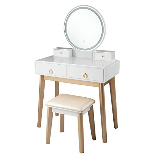 CHARMAID Vanity Set with Touch Screen Dressing Table with 4 Sliding Drawers, Makeup Table and Cushioned Stool Set for Women Girls (White)