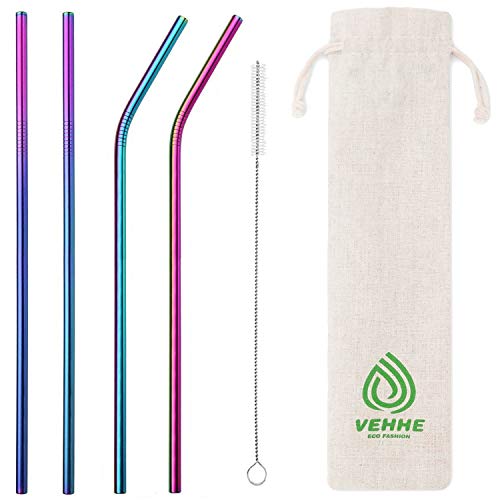 VEHHE Metal Straws Stainless Steel Straws 8 Set Reusable Drinking Rainbow Straws with Cleaning Brush for 20 OZ Tumblers(4 Straight + 4 Bent + 2 Brush)