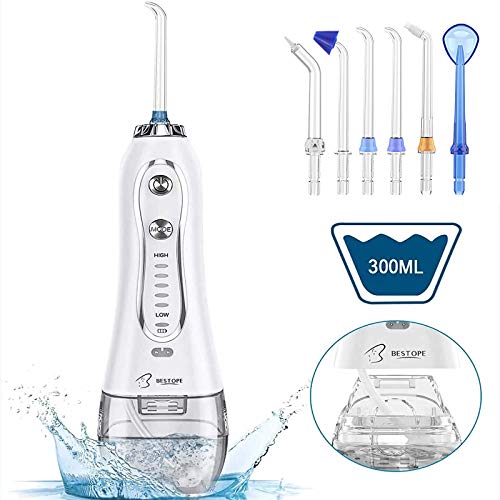 Water Oral Flosser Cordless 300ML Water Dental Flossers for Teeth Braces Dental Oral Irrigator with 5 Modes 6 Jet Tips