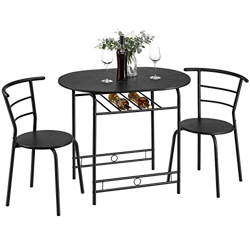 3 Piece Kitchen Table Set Small Space. Set for 2 Chairs with Metal Frame and Shelf Storage, Bistro Table Set Home Breakfast Compact for Apartment, Black