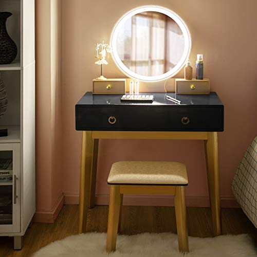 Vanity Table Set, LED Lighted Makeup Table w/ Mirror Touch Screen 4 Drawers, Makeup Dressing Table w/Cushioned Stool for Bedroom (Blue)