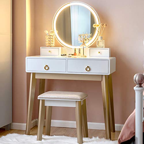 CHARMAID Vanity Set with Touch Screen Dressing Table with 4 Sliding Drawers, Makeup Table and Cushioned Stool Set for Women Girls (White)