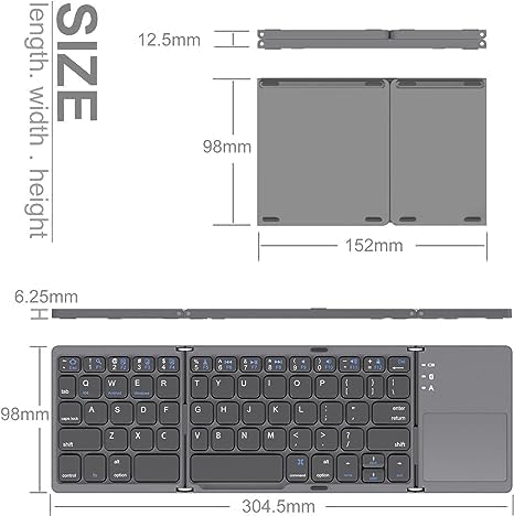 POPULAR Foldable Bluetooth Keyboard, Pocket Size Portable Mini BT Wireless Keyboard with Touchpad for Android, Windows, PC, Tablet, with Rechargeable Li-ion Battery-Dark Gray