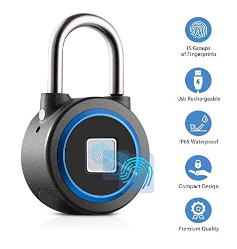 Fingerprint Padlock, Bluetooth Thumbprint Lock USB Rechargeable IP65 Waterproof Ideal for Locker, Gate,Handbags, Golf Bags, Wardrobes, Gym, Door, Luggage, Suitcase, Backpack, Fence,Bike, Office (Blue)