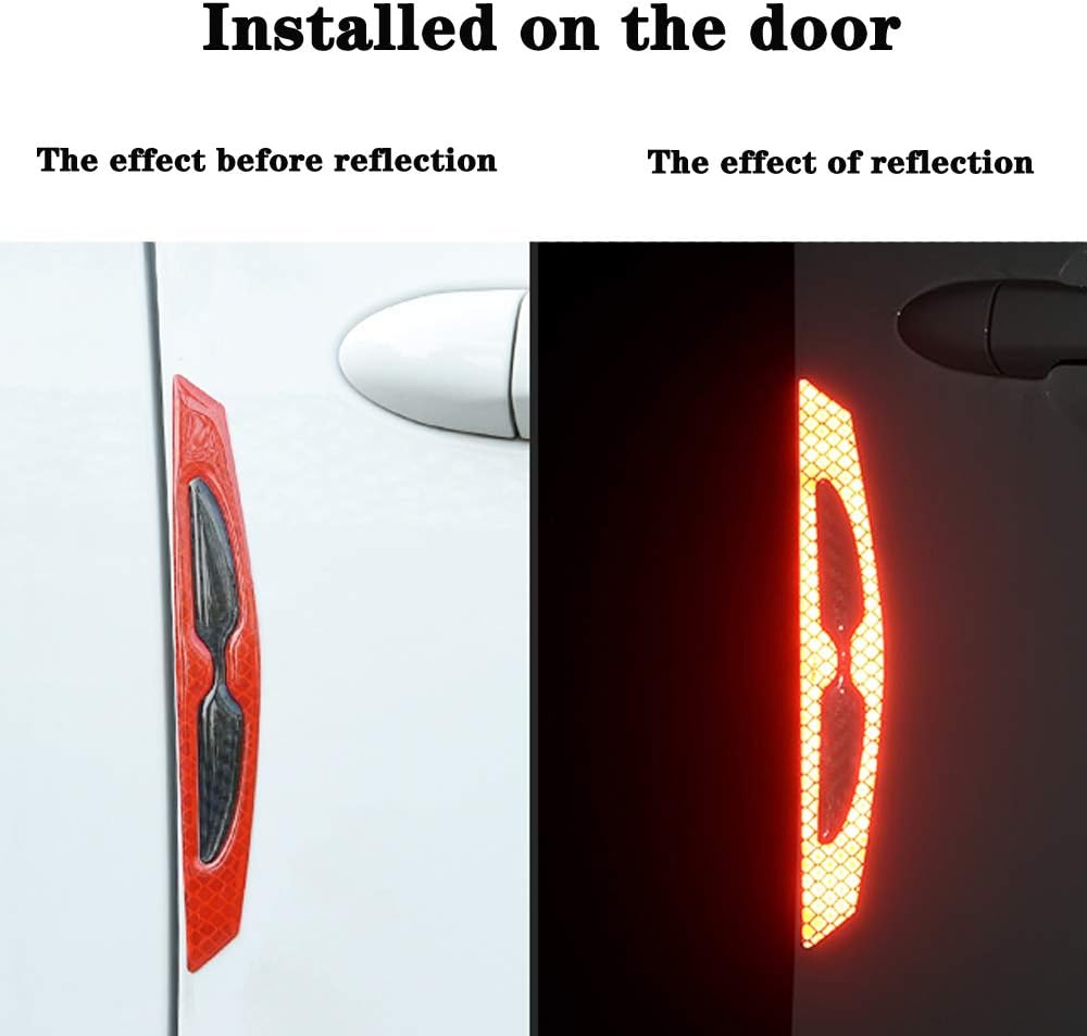 8pcs Universal 3D Carbon Fiber Car Door Handle Paint Scratch Protector Sticker Auto Door Handle Scratch Cover Guard Protective Film Car Outdoor Safety Reflective Strips (Red)