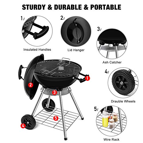 Portable Charcoal Grill for Outdoor 18 inch Barbecue Grill and Smoker Heat Control Round BBQ Kettle Outdoor Picnic Patio Backyard Camping Tailgating Steel Cooking Grate for Steak Chicken