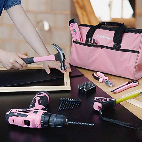 12V Pink Cordless Drill and Home Tool Kit, 61 Pieces Hand Tool for DIY, Home Maintenance, 14-inch Storage Bag Included - Pink Ribbon