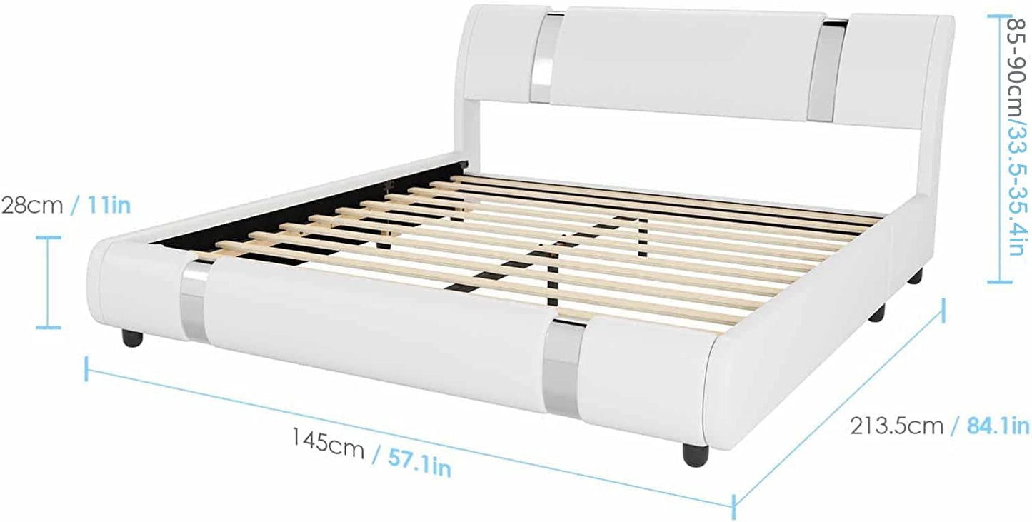 Modern Faux Leather Upholstered Platform Bed Frame with Metal Decoration Headboard, Curved Headboard, Wooden Slats Support, No Box Spring Needed, Full Size, White