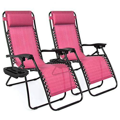 Products Set of 2 Adjustable Steel Mesh Zero Gravity Lounge Chair Recliners w/Pillows and Cup Holder Trays, Beige