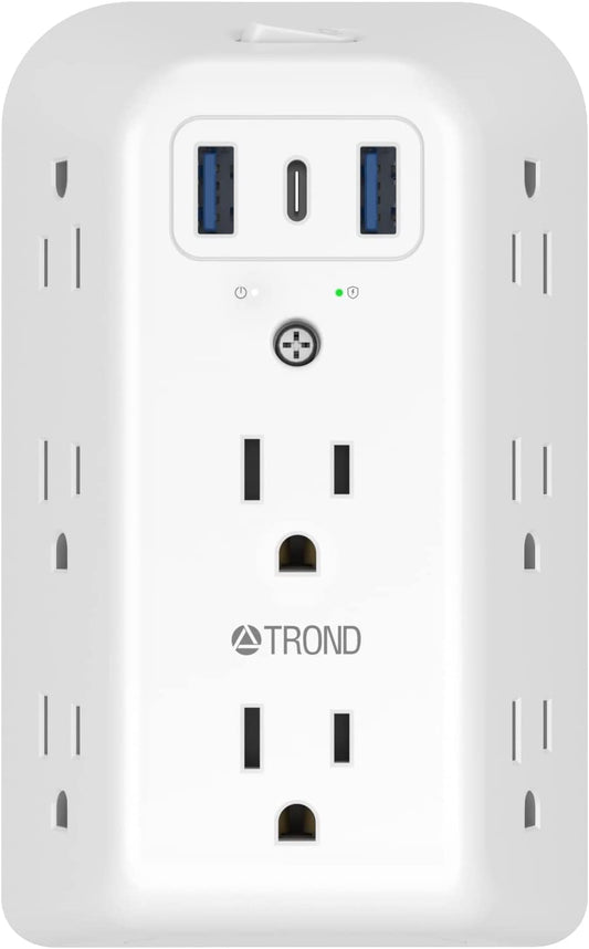 USB Wall Charger, Surge Protector, TROND 5 Outlet Extender with 3 USB Charging Ports (1 USB C) 3 Sided 1440J Multi Plug Outlets, Wall Mount Power Strip for Home Travel Office（ON/Off Switch）