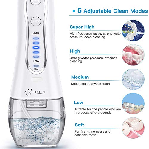 BESTOPE Water Oral Flosser Cordless 300ML Water Dental Flossers for Teeth Braces Dental Oral Irrigator with 5 Modes 6 Jet Tips