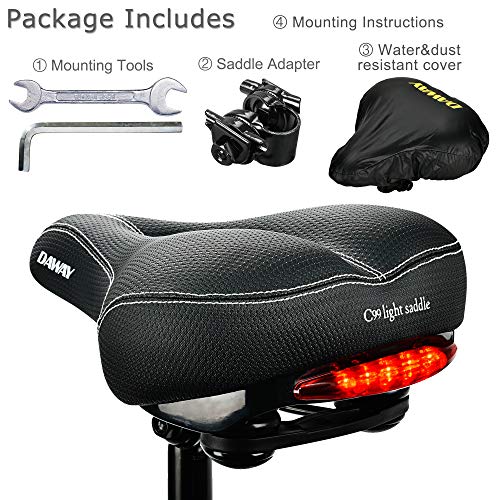 Comfortable Men Women Bike Seat Leather Bicycle Saddle Cushion with Taillight, Waterproof, Dual Spring Suspension, Shock Absorbing, Universal