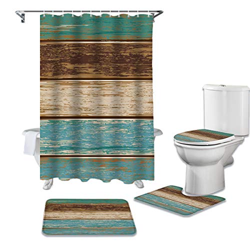 4 Piece Shower Curtain Sets with Non-Slip Rug, Toilet Lid Cover, Bath Mat and 12 Hooks,Retro Green Grain Waterproof Bathroom Curtains
