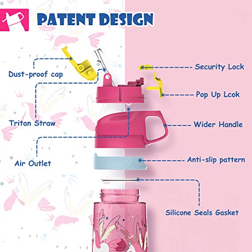 16 oz Patent Design Kids Water Bottle with Straw Lid, BPA Free, Leak-proof, Easy Carry Strap, Magical Unicorn