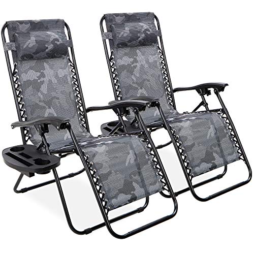 Products Set of 2 Adjustable Steel Mesh Zero Gravity Lounge Chair Recliners w/Pillows and Cup Holder Trays, Beige