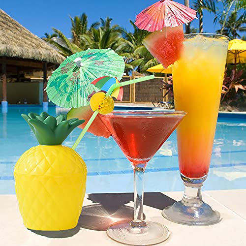 12 Pineapple Cups with 12 Umbrella Straws and 12 Cocktail Drink Picks, Hawaiian Luau Tiki and Beach Party Decorations for Kids and Adults