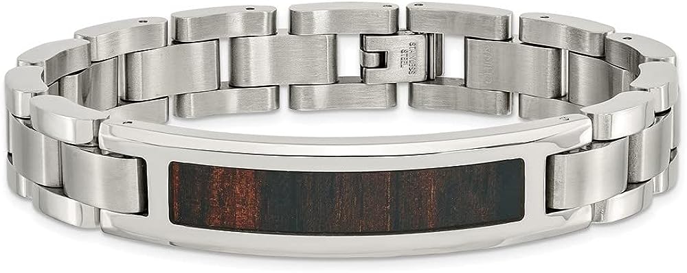 Jewels By Lux Polished Engravable Personalized Custom Stainless Steel Polished Enameled Black Koa Wood Link ID Bracelet For Men Length 8.5 inches Width 12 mm With Fold Over Clasp