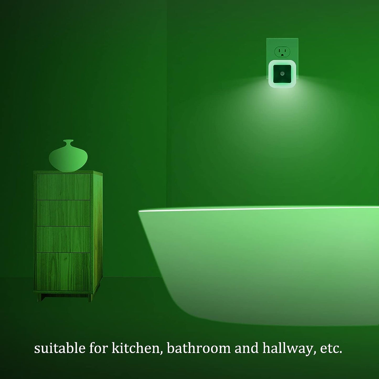 [Pack of 2] Bright Green Night Lights, Plug Into LED Wall Lights with Light Sensor, Auto ON/Off- Suitable for Bathroom, Hallway and Kitchen