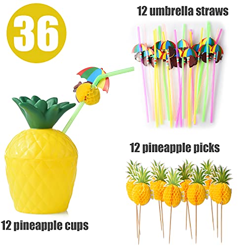 12 Pineapple Cups with 12 Umbrella Straws and 12 Cocktail Drink Picks, Hawaiian Luau Tiki and Beach Party Decorations for Kids and Adults