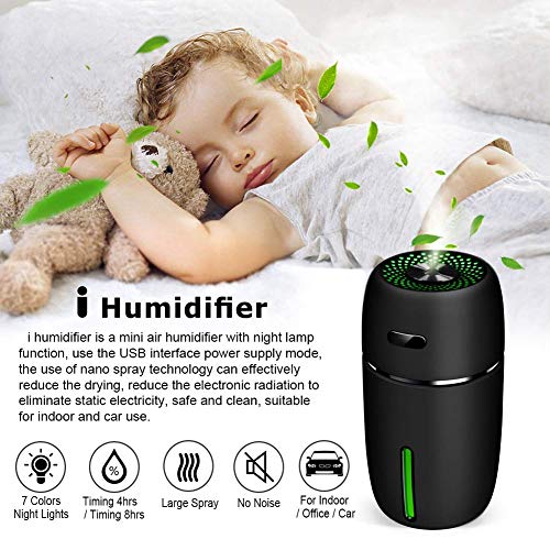 USB Car Humidifier,200 Milliliter Mini Portable Humidifiers Air Purifier with 7 Colors LED Night Light,Car Office Room Bedroom, etc.（Black）
