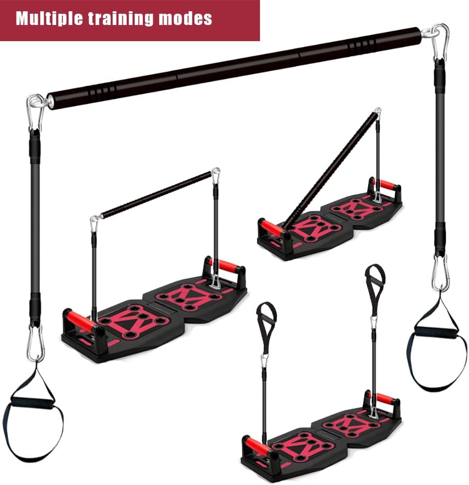 THE GREATEST Home Gym Exercise Equipment - Portable Workout System 17 Fitness Accessories 9 in1 Push Up Board Set, Resistance Bands with Pilates Bar Strength Training Abs Shoulders Back Butt