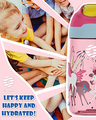 FJbottle 16 oz Patent Design Kids Water Bottle with Straw Lid, BPA Free, Leak-proof, Easy Carry Strap, Magical Unicorn