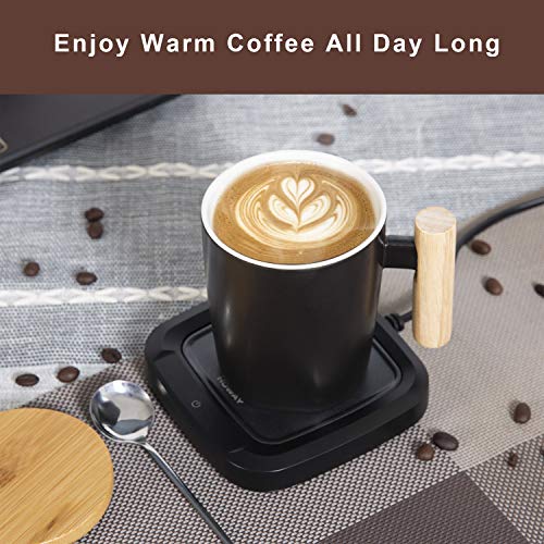 HOWAY Flat Bottom Mug with Wood Lid, Ceramic Tea Cup for Coffee Warmer,  Black