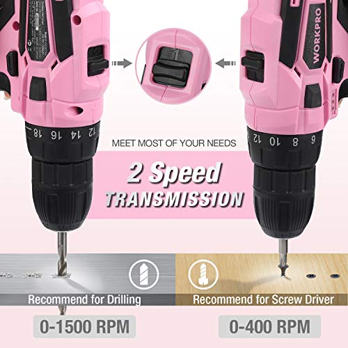 12V Pink Cordless Drill and Home Tool Kit, 61 Pieces Hand Tool for DIY, Home Maintenance, 14-inch Storage Bag Included - Pink Ribbon