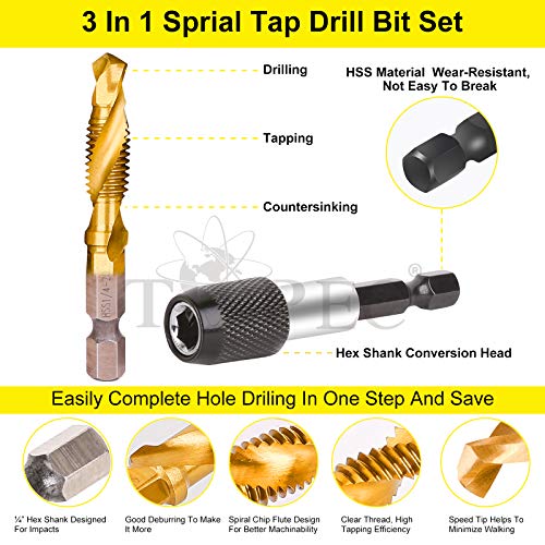 TOPEC Tap Bit Set, 3-i1 HSS Titanium Coated Drill  , 13 PCS SAE/Metric threading tap drill bit set with 1/4 Inch Hex Shank, and Quick-Change Adapter