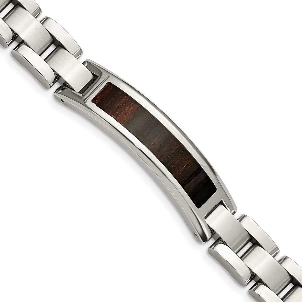 Jewels By Lux Polished Engravable Personalized Custom Stainless Steel Polished Enameled Black Koa Wood Link ID Bracelet For Men Length 8.5 inches Width 12 mm With Fold Over Clasp