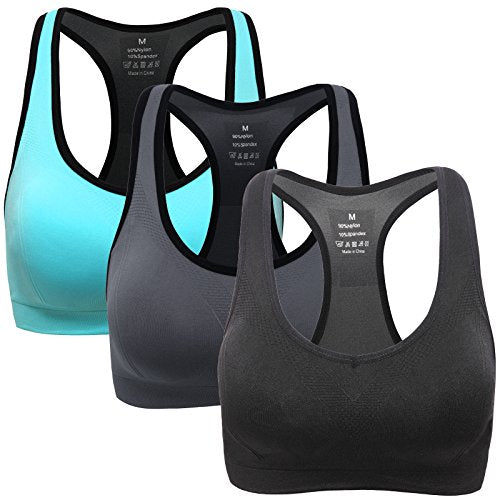 MIRITY Women Racerback Sports Bras - High Impact Workout Gym Activewear Bra Color Black Grey Blue Hotpink White Pack of 5 Size L