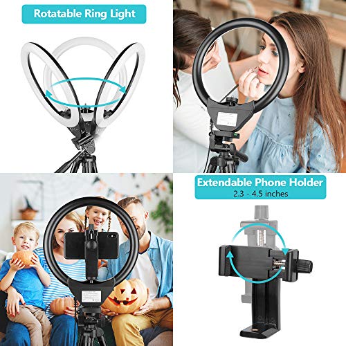 10'' Ring Light with 50'' Extendable Tripod Stand, Phone Holder for Live Stream/Makeup/YouTube Video/TikTok, Compatible with All Phones.
