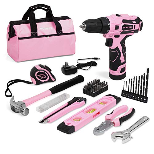 WORKPRO 12V Pink Cordless Drill and Home Tool Kit, 61 Pieces Hand Tool for DIY, Home Maintenance, 14-inch Storage Bag Included - Pink Ribbon