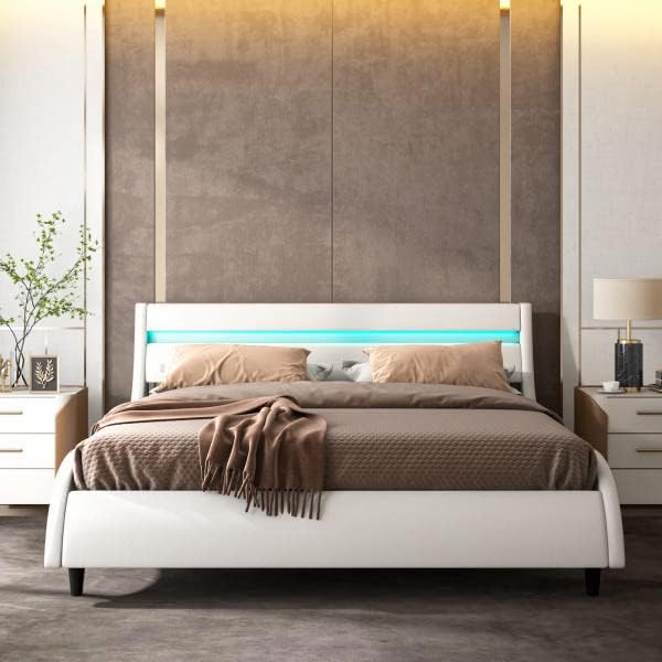 GREAT Upholstered Smart LED Bed Frame with Headboard, Modern Faux Leather Wave-Like Platform Bed Frame, Low Profile Bed Frame with Solid Wood Slats Support, White, Full Size