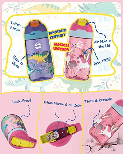 16 oz Patent Design Kids Water Bottle with Straw Lid, BPA Free, Leak-proof, Easy Carry Strap, Magical Unicorn