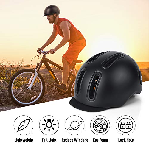 Adult Bike Helmet, Bicycle Cycling Helmet Classic Urban Commuter Bike Helmet with Rear LED Light and Detachable Visor for Men/Women - Adjustable Dial for Head L Size 22" to 24"