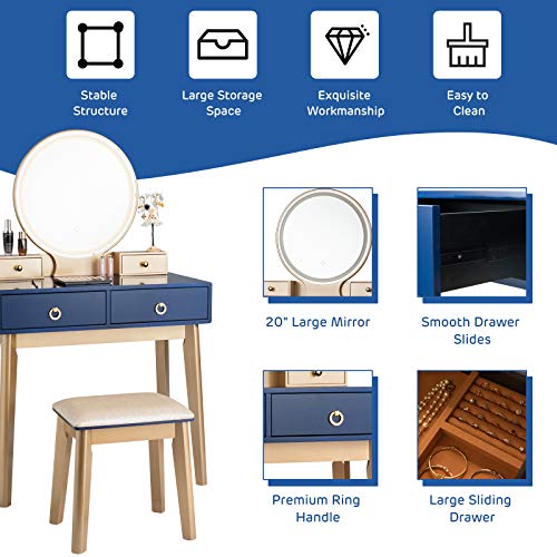 FANTASK Vanity Table Set, LED Lighted Makeup Table w/ Mirror Touch Screen 4 Drawers, Makeup Dressing Table w/Cushioned Stool for Bedroom (Blue)