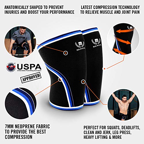 Mava Sports Knee Compression Sleeve Support for Men and Women with Perfect 7mm Neoprene Material for Powerlifting, Weightlifting, Body Building, Gym Workout, WOD and Squats (Black, Large)