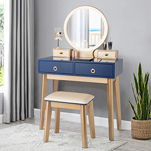 FANTASK Vanity Table Set, LED Lighted Makeup Table w/ Mirror Touch Screen 4 Drawers, Makeup Dressing Table w/Cushioned Stool for Bedroom (Blue)