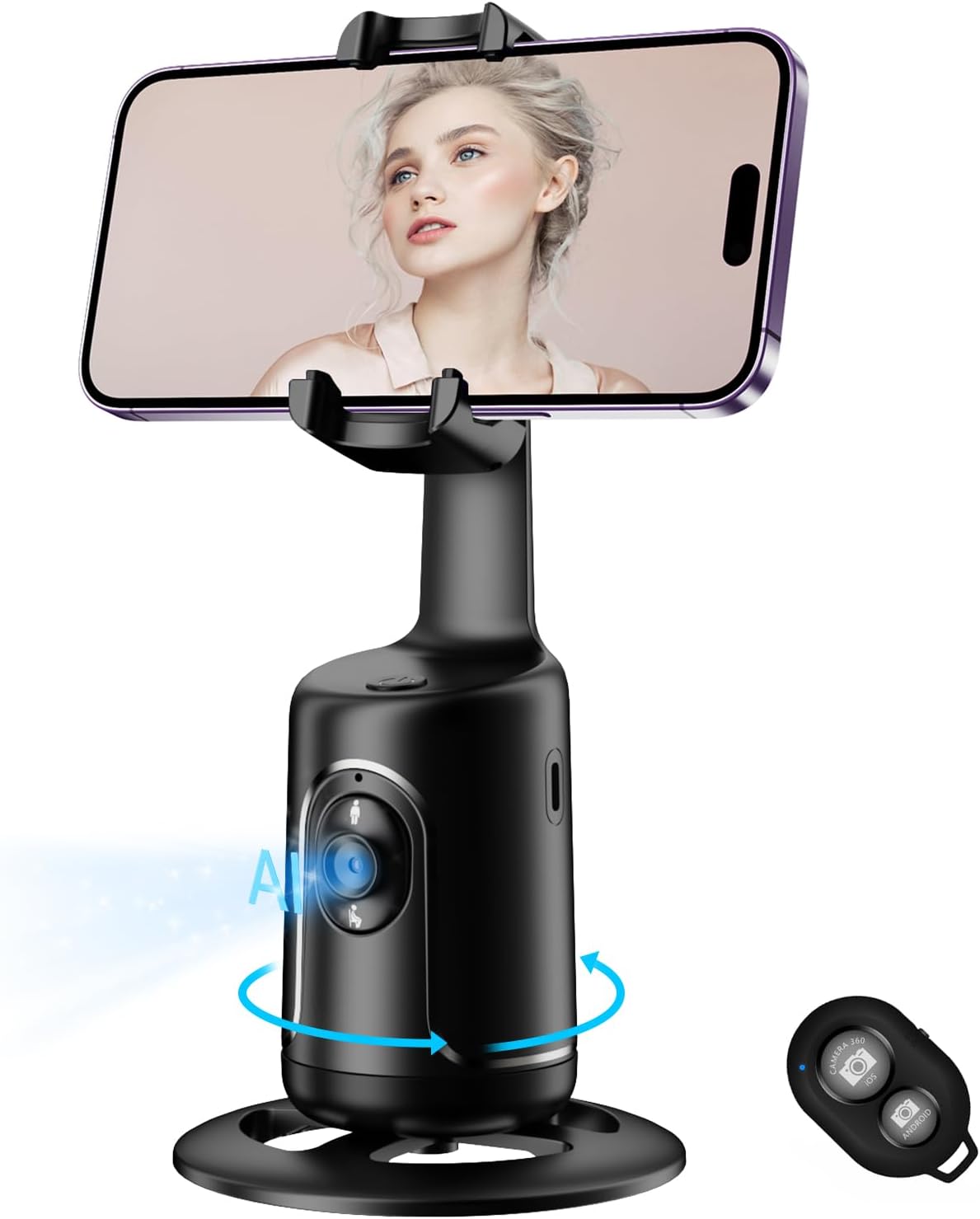 SMART Auto Face Tracking Tripod, No App, 360° Rotation Face Body Phone Camera Mount Gesture Control, Smart Shooting Holder with 3000mAh Rechargeable Battery for Vlog, Streaming, Video, Tiktok- Black (Black)