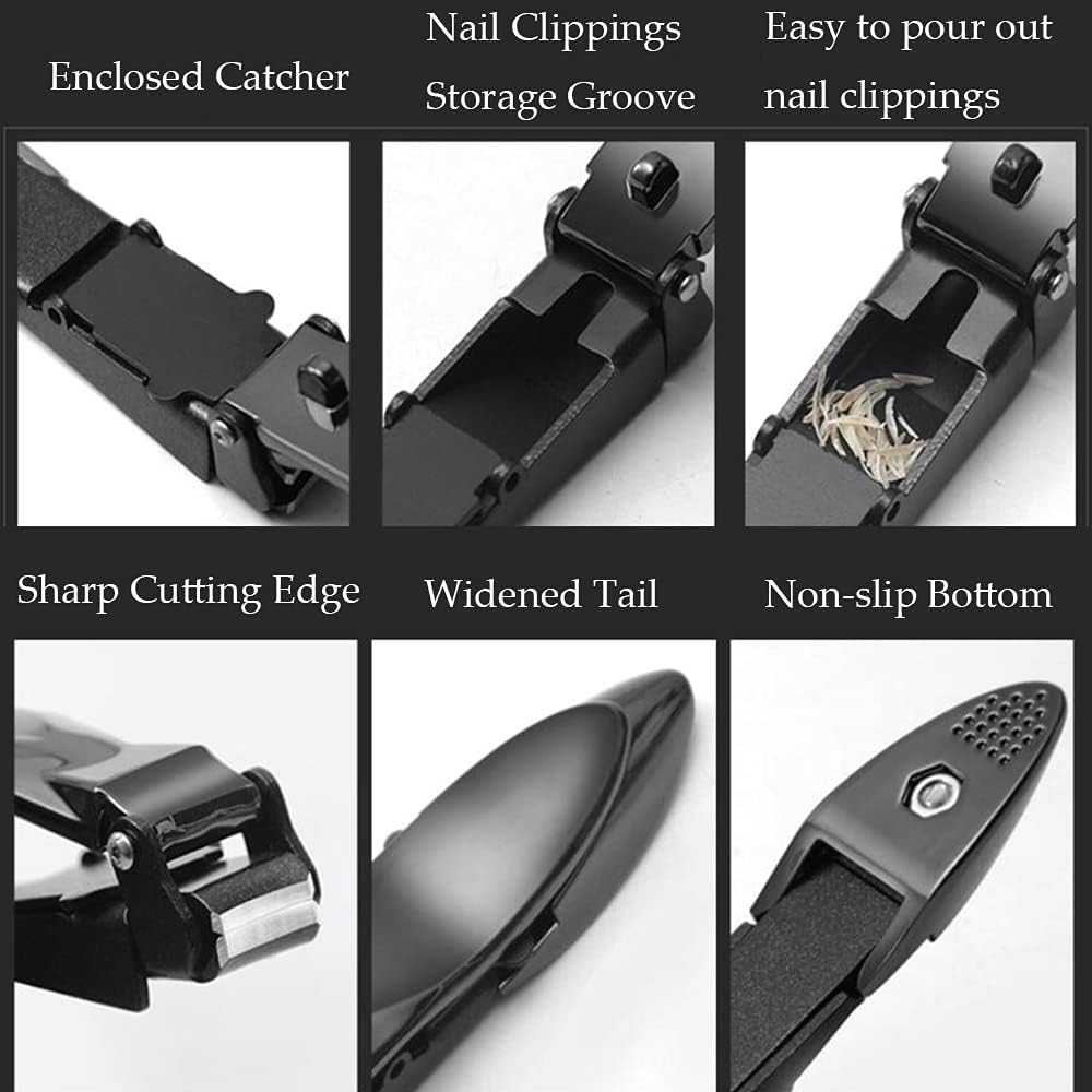 Superior Large Nail Clipper with Catcher, No Mess Anti Splash Fingernail Toenail Clipper, Sharp and Heavy Duty Nail Cutter for Men and Women (Black)