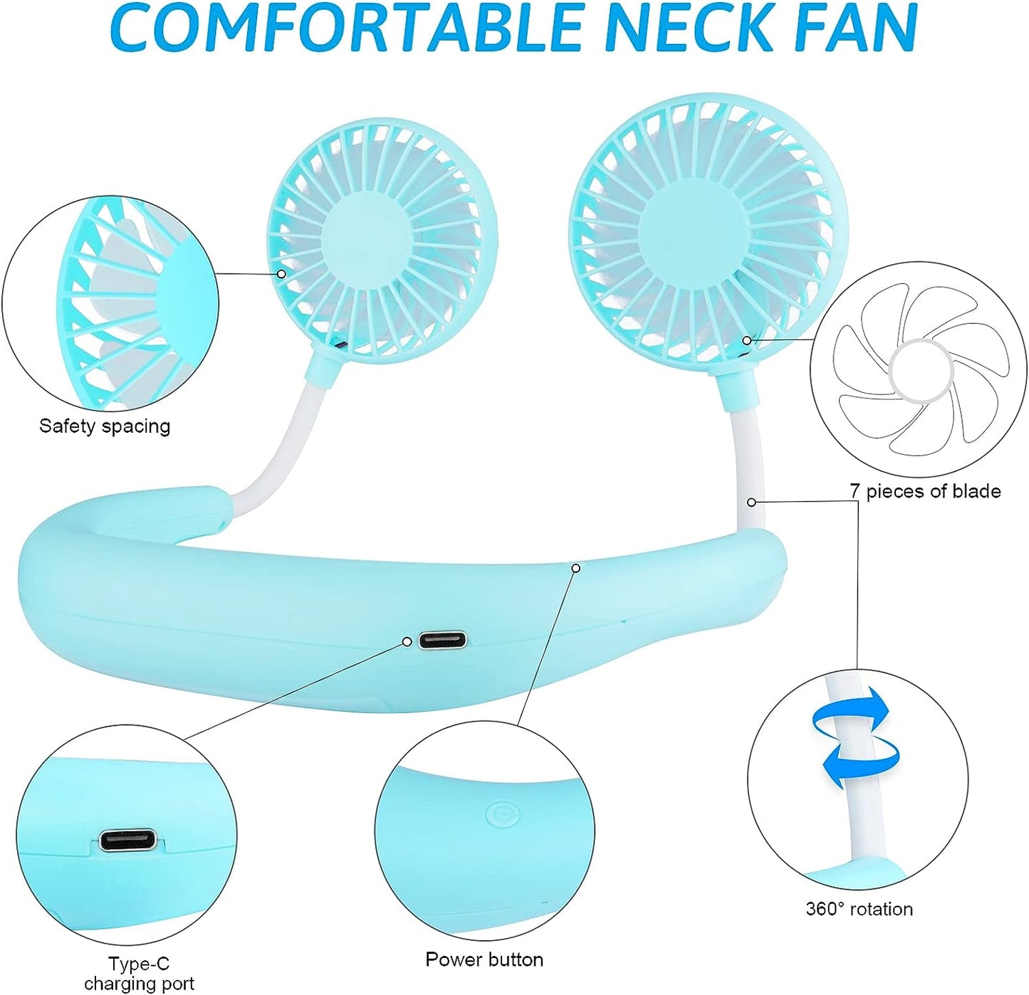 Neck Fan Portable Face Fan Personal USB Hands-Free Mini Wearable Sports Handheld Cooling Small New Fans Around Your Neck for Travel Office Room Household Outdoor, 300*190