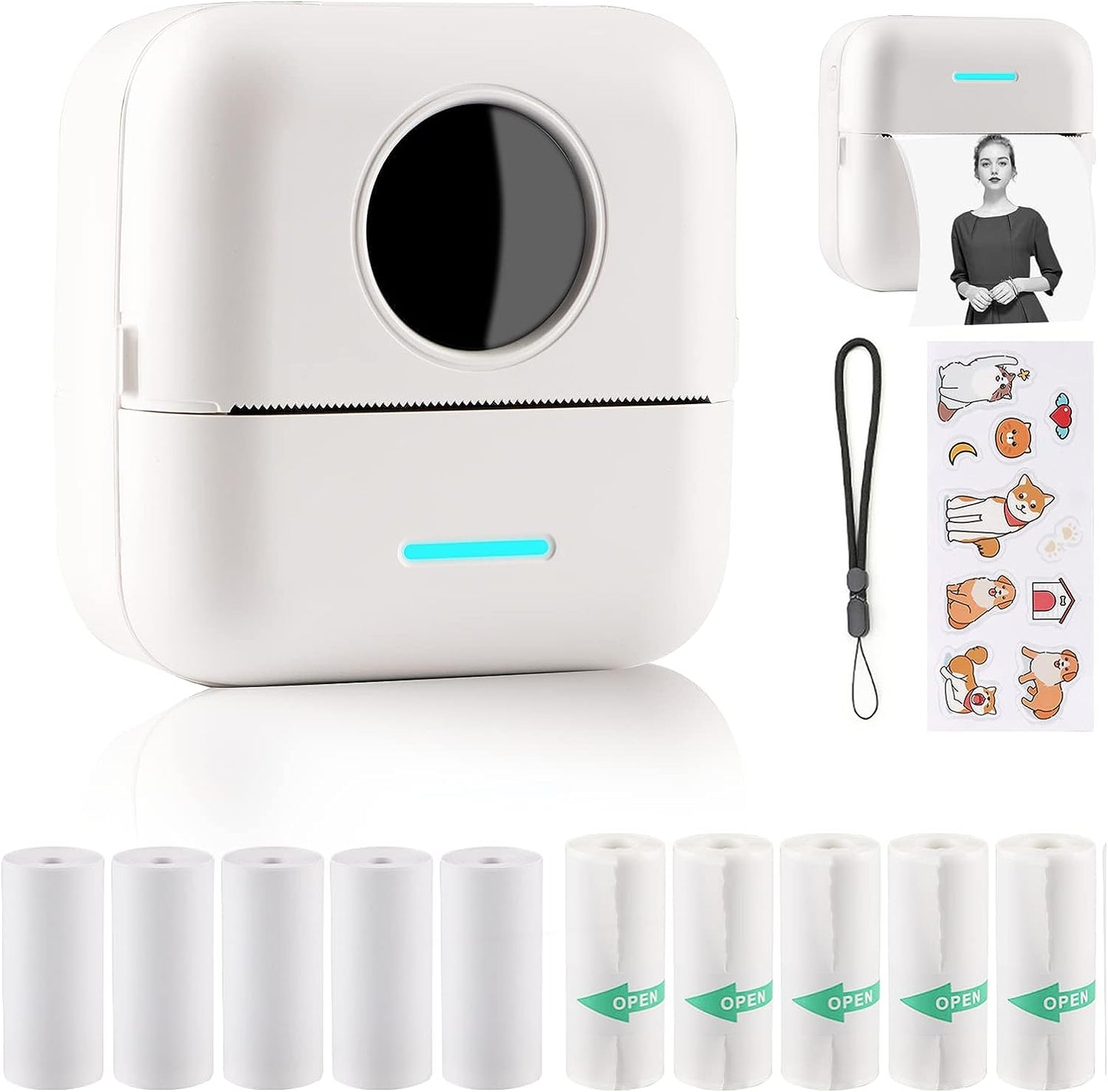 Mini Sticker Printer Bluetooth Smart Pocket Inkless Thermal Printer with 10 Rolls Thermal Paper and Sticker for iOS&Android, Portable Receipt Printer for Photo Journal Notes Memo