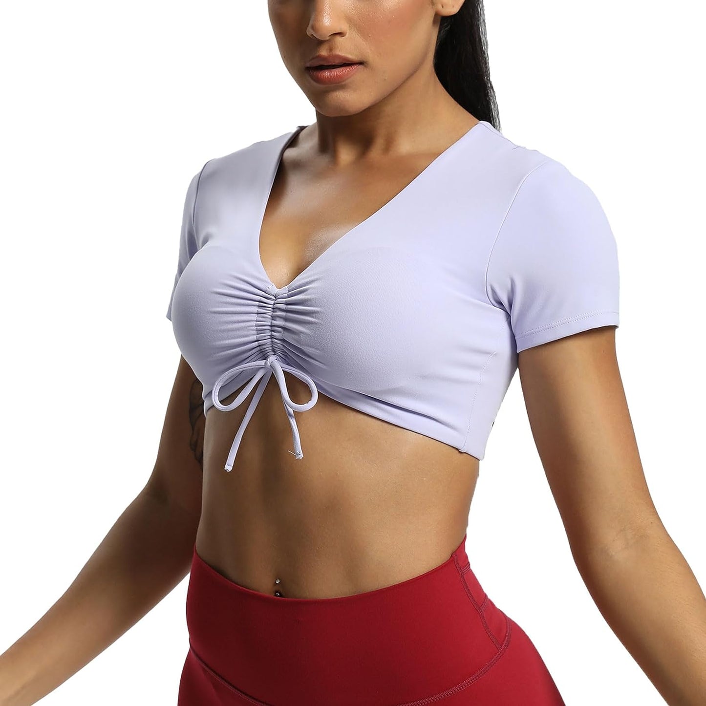 Short Sleeve Crop Tops for Women Betty Ruched V Neck Workout Crop T Shirt Top